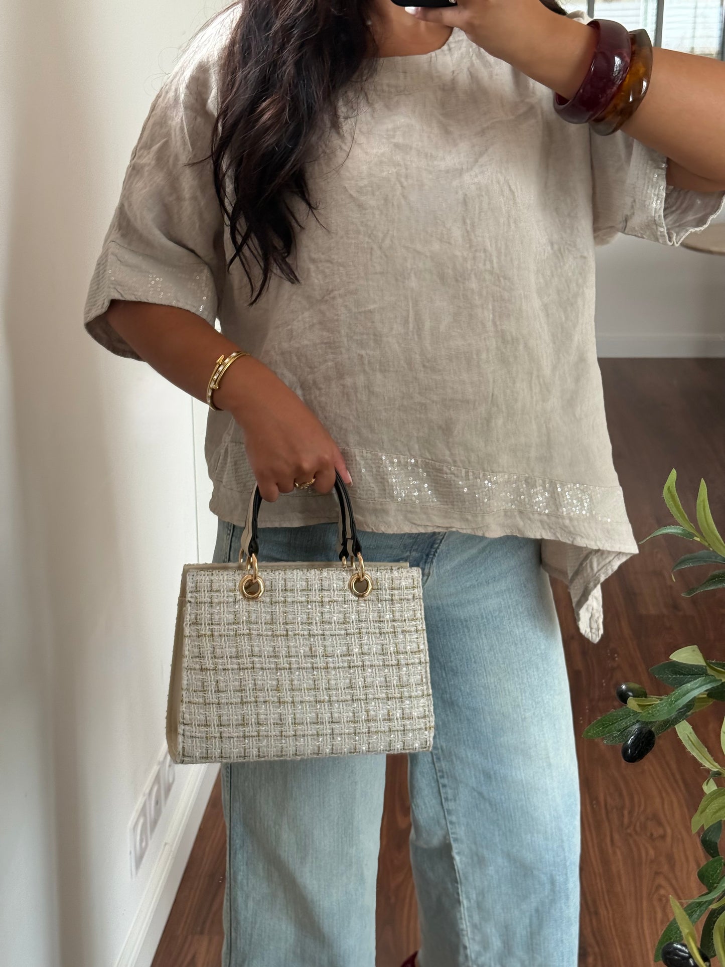 Top asymétrique sequins beige