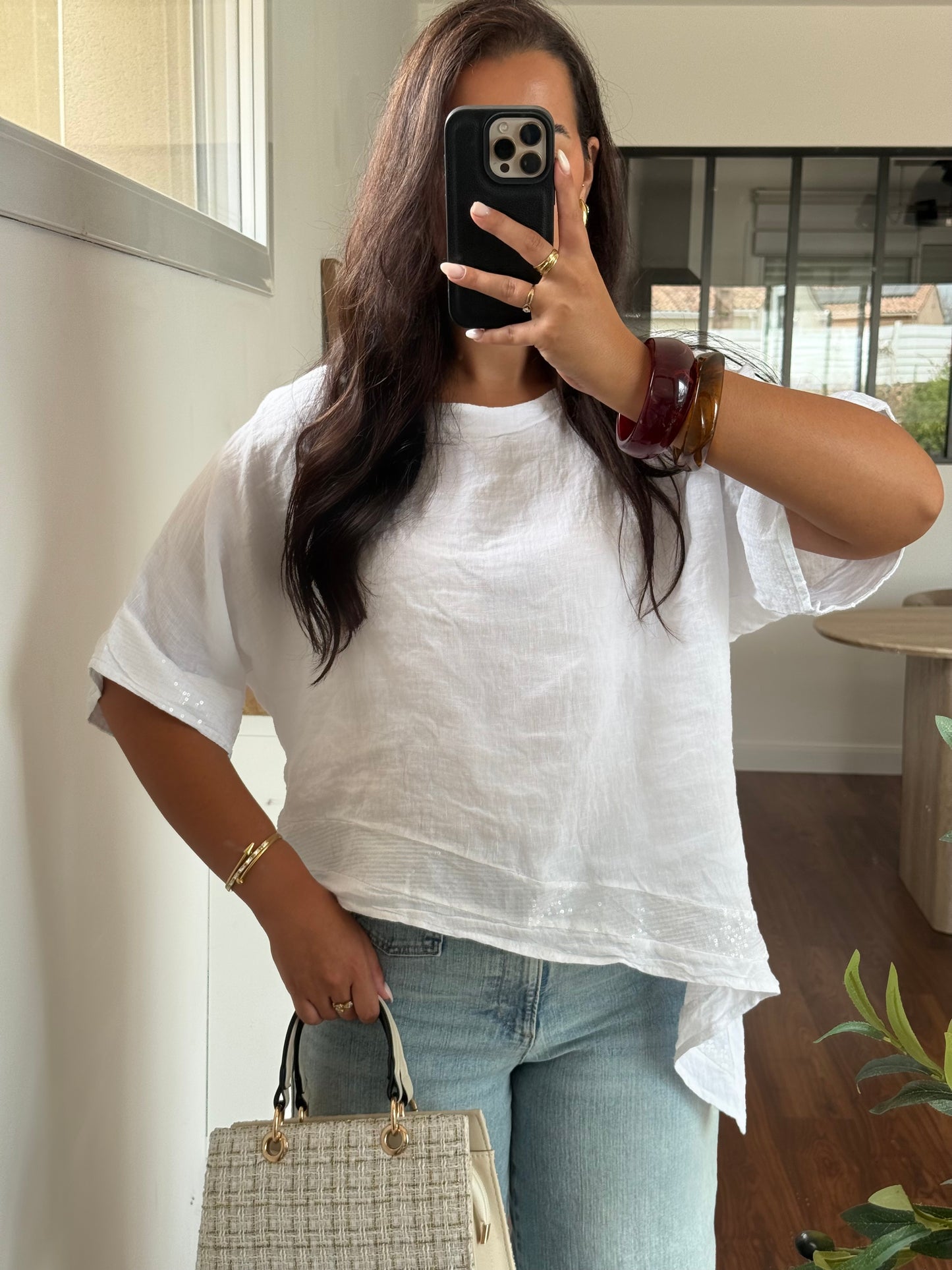 Top asymétrique sequin blanc