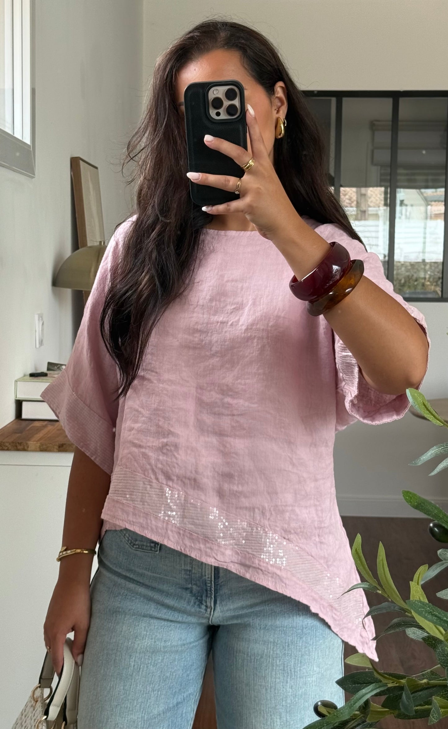 Top asymétrique sequins rose